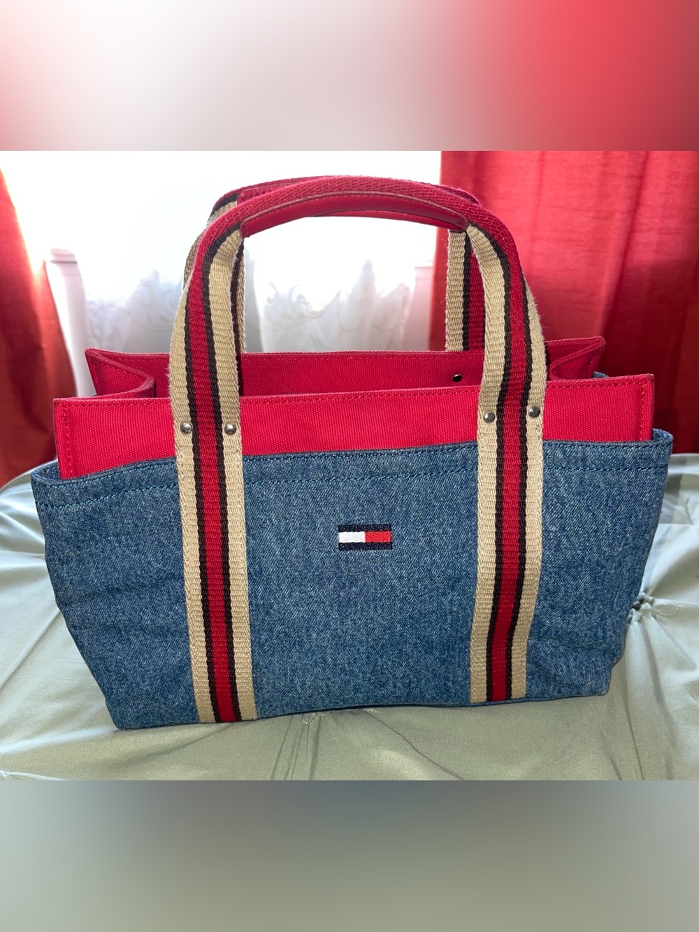 Tommy Hilfiger Vintage Red and Denim Canvas Tote with Striped Handles